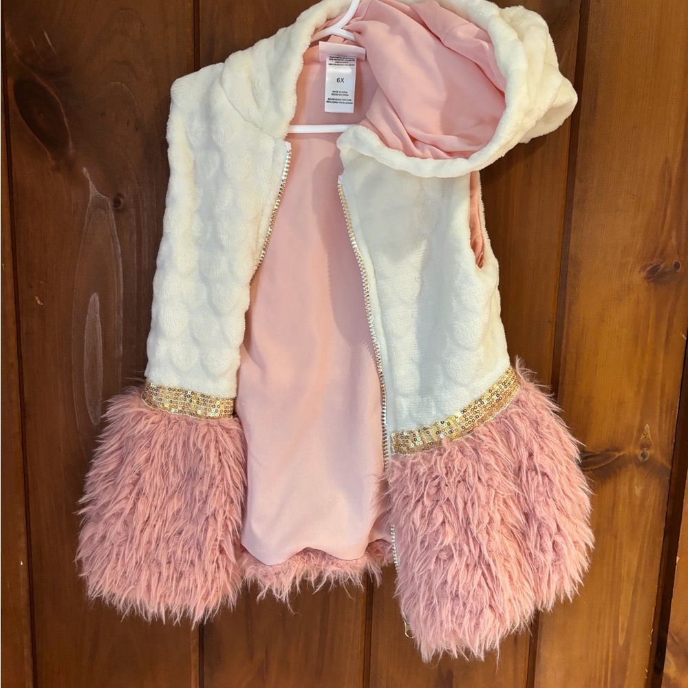 Little Lass Pink and White Furry Vest with Gold Accents